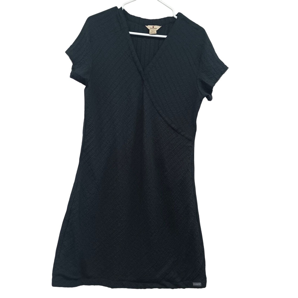 Woolrich Women Black Faux Wrap Dress Size Large Knee Length Cap Sleeve‎